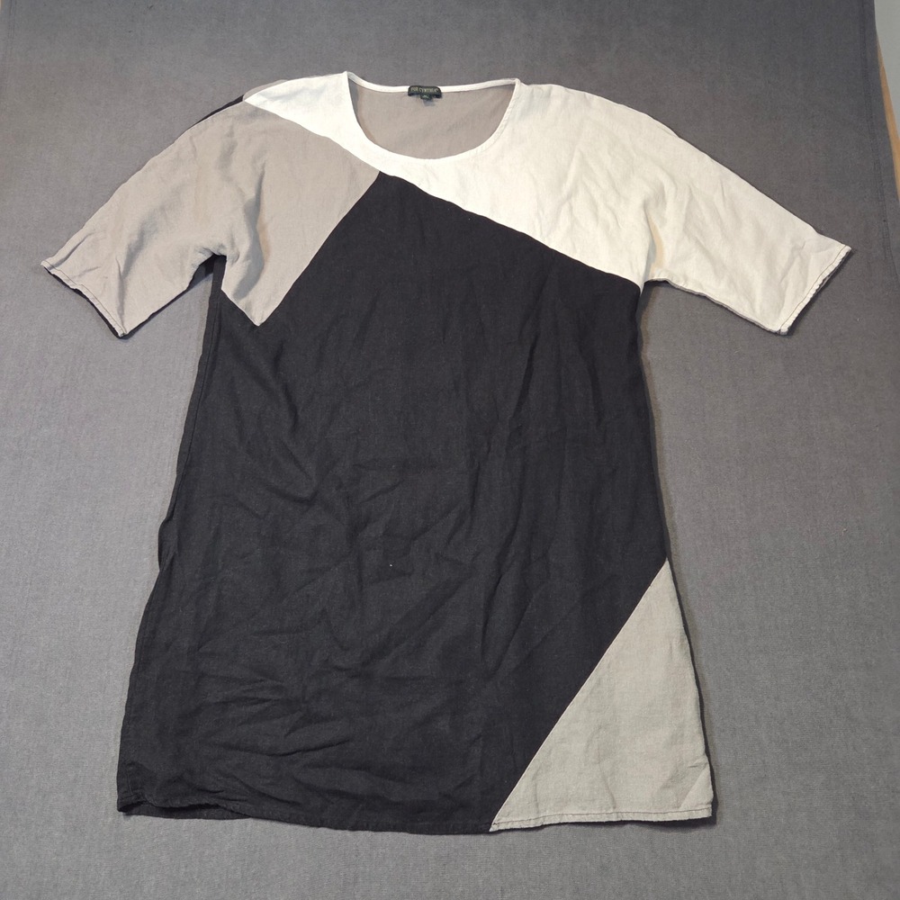 For Cynthia Tunic Top Womens Medium Black White Grey Colorblock Linen Blend